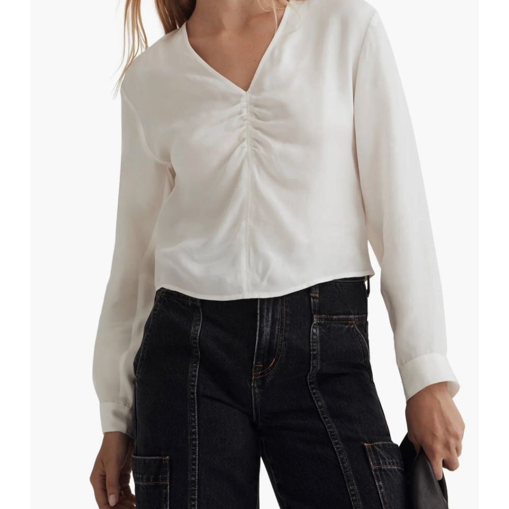 Madewell White Ruched V-Neck Blouse